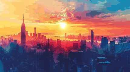Fototapeta premium Vector art of a city skyline at sunset with skyscrapers,