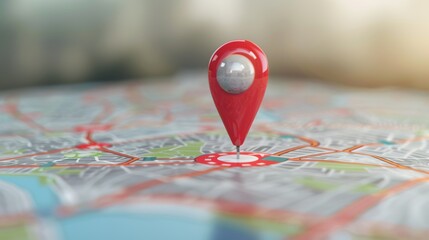 Red navigation pin on paper map. Travel concept. 3d vector illustration