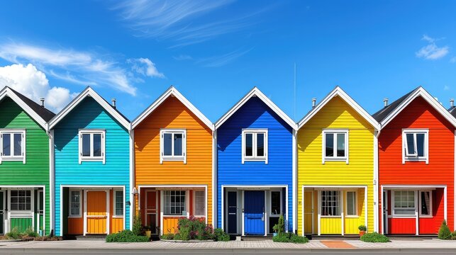 Row of identical houses with one painted in vibrant colors, representing individuality and uniqueness