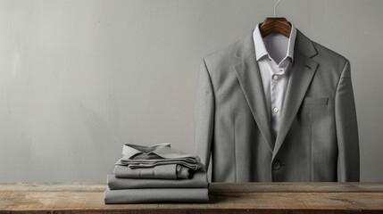 Side view of a long-sleeved men's shirt and two gray suits arranged stylishly on a wooden table, with a light gray background providing copy space