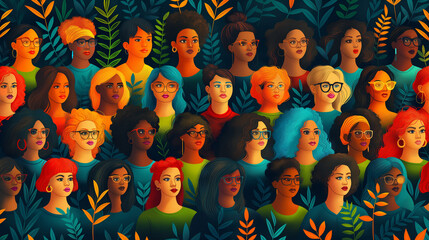 An illustration of a diverse group of people standing together, highlighting intersectionality, Intersectionality Awareness Month, illustration, with copy space