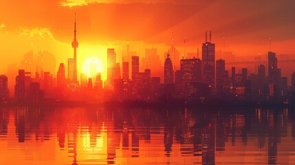 Fototapeta premium Vector illustration of a city skyline at sunset with warm hues