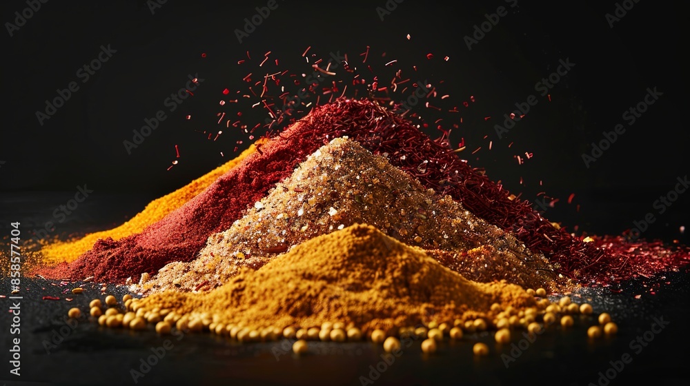 Aufkleber a close-up view of colorful spices arranged in a pyramid shape on a black background. generative ai