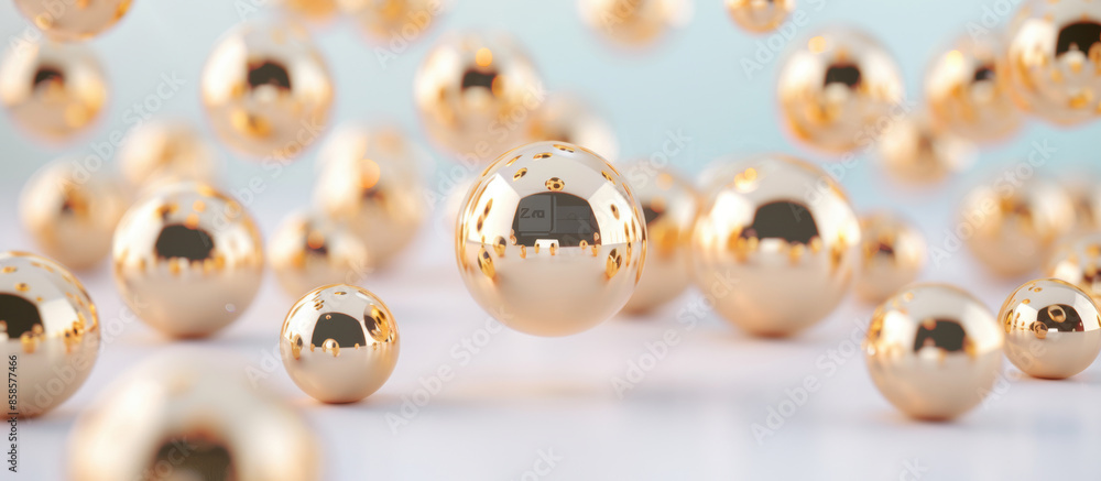 Poster reflective golden and white spheres creating an abstract background with a pink bokeh