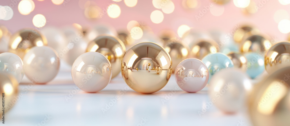Poster reflective golden and white spheres creating an abstract background with a pink bokeh
