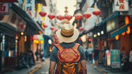 Fototapeta premium Solo traveler with a backpack exploring a foreign city, capturing the essence of independent travel