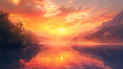 Fototapeta premium Stunning sunset over a tranquil lake, with the sky ablaze in shades of orange and pink