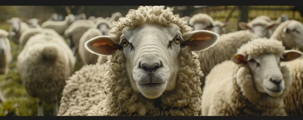 Obraz premium A close-up of a sheep in a flock, farm setting. Agriculture and farming concept