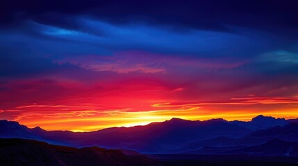 Fototapeta premium Sunset behind a mountain range, with the sky transitioning from deep blue to fiery red and orange