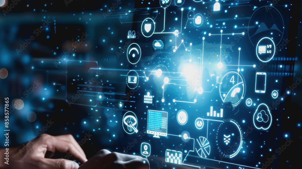 Poster businessman using computer tablet with digital hologram of futuristic data technology network and so