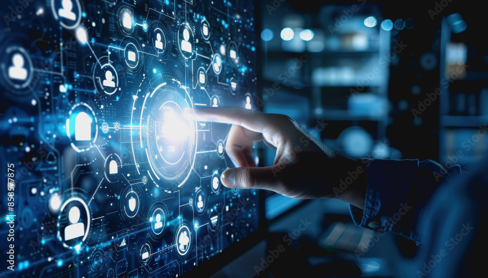 Poster businessman using computer tablet with digital hologram of futuristic data technology network and so