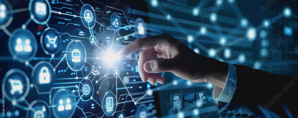 Poster businessman using computer tablet with digital hologram of futuristic data technology network and so