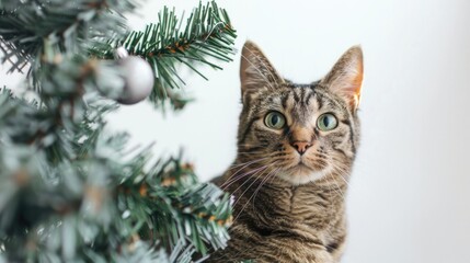 Fototapeta premium Cat with green eyes in front of a Christmas tree on a white background