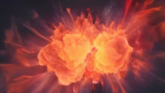 A vibrant explosion of bright orange and red hues against a dark background, captured in mid-action. The dynamic energy and radiant colors create a dramatic and intense visual effect.
