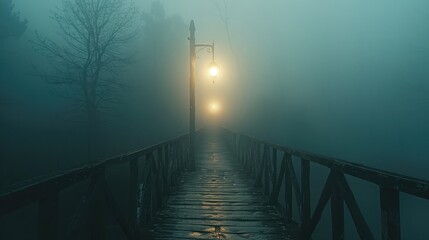Wide-angle shot of a walking lamp traversing a misty bridge, lighting the way ahead