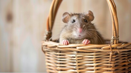 Friendly pet brown rat in wicker basket indoors with text space