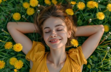 Naklejka premium A young woman lies on the grass, smiling with her eyes closed, resting her head on one hand