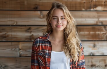 A beautiful girl in a flannel shirt, jeans, and white t-shirt smiles in front of a wooden wall