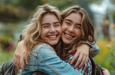 Fototapeta premium Two young women share an affectionate hug and kiss in a peaceful park setting