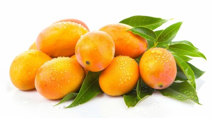 Fresh ripe mangoes with water droplets on a white background, tropical fruit concept