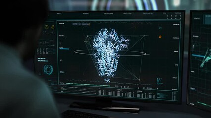 A Doctor Is Sitting Behind the Desk. Supervising the Data Analysis Process. Medical Sotware is Used for Deep Structural Research of the Virus. Covid-19 Spike Protein Structure was Found. - Powered by Adobe