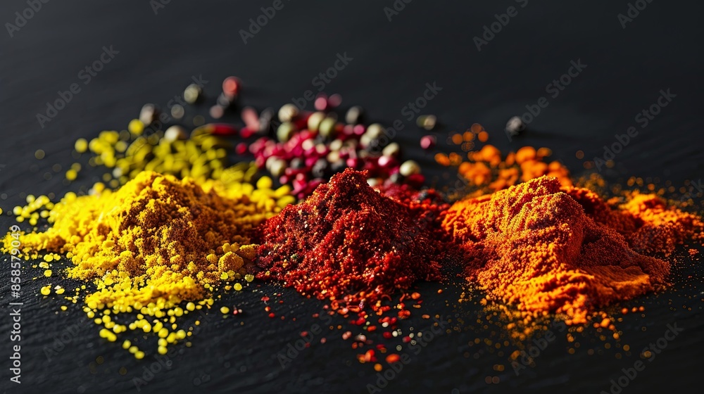 Poster A close-up shot of various spices arranged on a black surface. Generative AI
