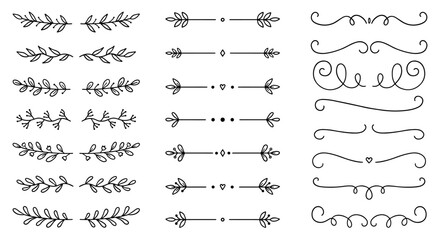 Laurel text dividers doodle set. Wedding decorative elements with leaves. Branches, divider ornament, borders, lines. Hand drawn vector illustration isolated on white background