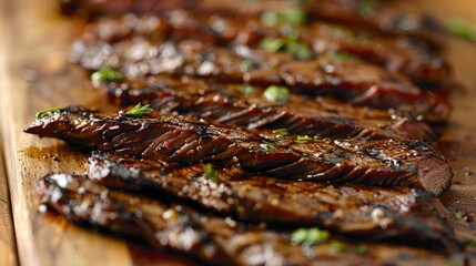 Close up of a thin grilled slice of machete or skirt steak