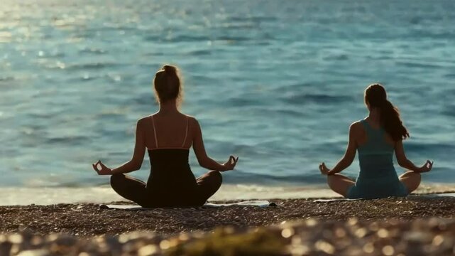 A back-view of a young redhead woman athlete wearing white sportsuit is doing yoga sitting outside near the sea in the morning, healthcare, relaxing, calming video, asmr