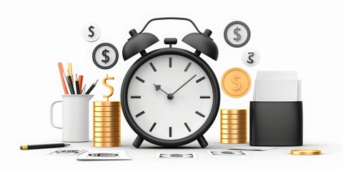 Black alarm clock, dollar coins and stationery on a white background.