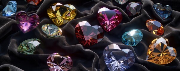 Colorful heart-shaped gemstones on black velvet background, close-up. Jewelry and luxury concept