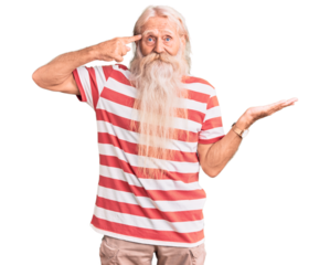 Old senior man with grey hair and long beard wearing striped tshirt confused and annoyed with open palm showing copy space and pointing finger to forehead. think about it.