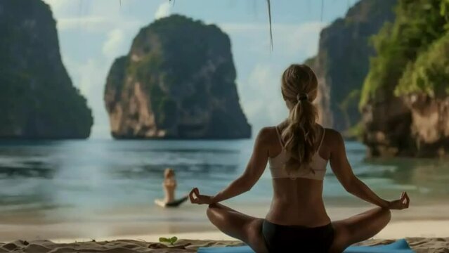 A back-view of a young redhead woman athlete wearing white sportsuit is doing yoga sitting outside near the sea in the morning, healthcare, relaxing, calming video, asmr