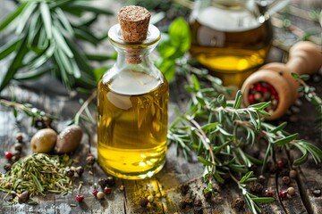 A rustic wooden table displays a collection of Mediterranean herbs and spices, including rosemary, thyme, oregano, and olive oil. Generative AI
