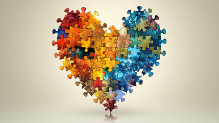 A flat design of a heart made up of different colored puzzle pieces, symbolizing unity in diversity, Intersectionality Awareness Month, flat design, with copy space