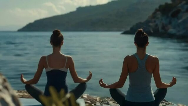 A back-view of a young redhead woman athlete wearing white sportsuit is doing yoga sitting outside near the sea in the morning, healthcare, relaxing, calming video, asmr