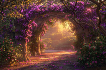 Obraz premium An enchanting fantasy garden filled with blooming purple peonies, lush greenery