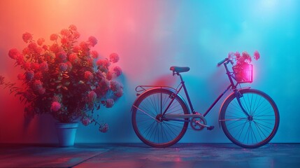Fototapeta premium Bicycle Next to Flower Pot in Pastel Neon Light Artistic Scene