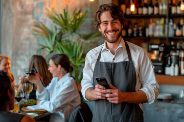 Obraz premium Smiling Waiter Man Holding Phone and Promoting Mobile Payment, Standing Beside Customers in a Busy Restaurant