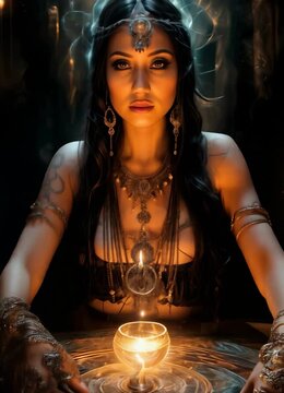 Fortune teller with illuminated crystal ball and tarot cards to prediction future. Hands of astrologists reading future and destiny. Horoscope and forecasting concept.