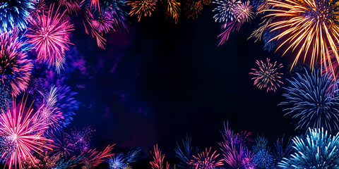 Fireworks border frame on black background with copyspace, wide banner