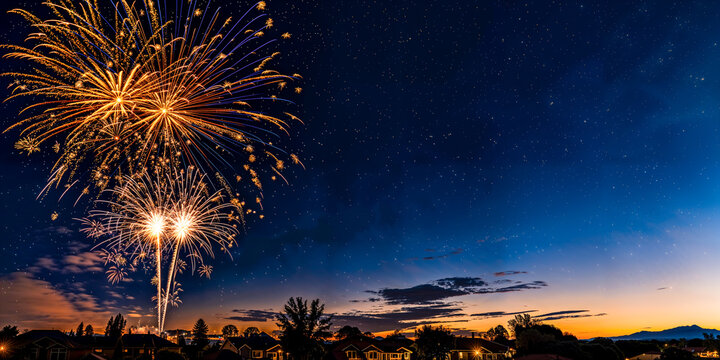 Gold fireworks at night in suburban neighborhood, backyard display, copyspace, wide banner, 4th of July, New Year's Eve