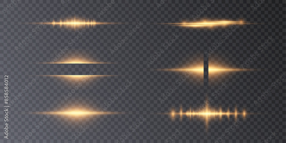 Aufkleber set of shining bright golden horizontal light effects png isolated on dark background, glare, lines,