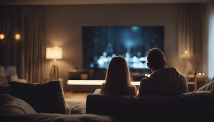 Back view of adult couple watching TV at home while sitting on sofa, night time, spot lights background.