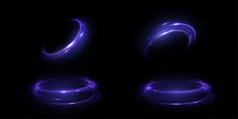 Purple glowing Twirl. Abstract light portal. Glowing special effect for game design. Futuristic neon pedestal, podium, platform. Vector PNG. For web design