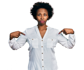 African american woman with afro hair pointing with fingers to herself relaxed with serious expression on face. simple and natural looking at the camera.