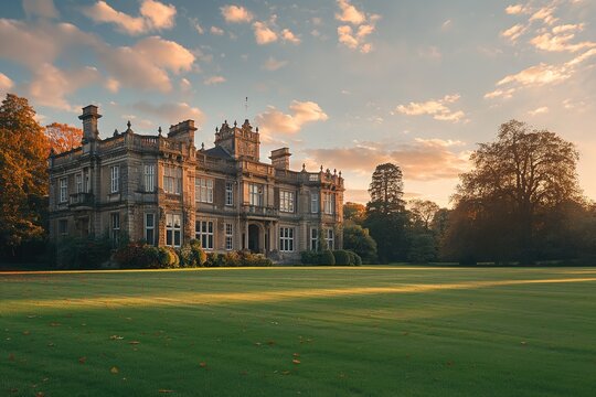 A grand English manor house stands on a grassy lawn with trees and a cloudy sunset in the background. - Powered by Adobe