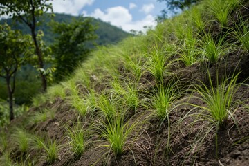 Vetiver grass planted in rows on a hillside to help prevent soil erosion.