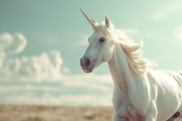 Obraz premium A white unicorn with a flowing mane stands against a bright blue sky, its horn reaching towards the heavens.