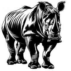 A black and white drawing of a rhinoceros on a white background